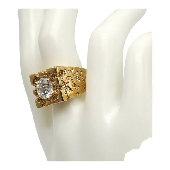 Faceted Cubic Zirconia Ring Textured Gold Tone Overlay Size 9 Vintage - Picture 4 of 5